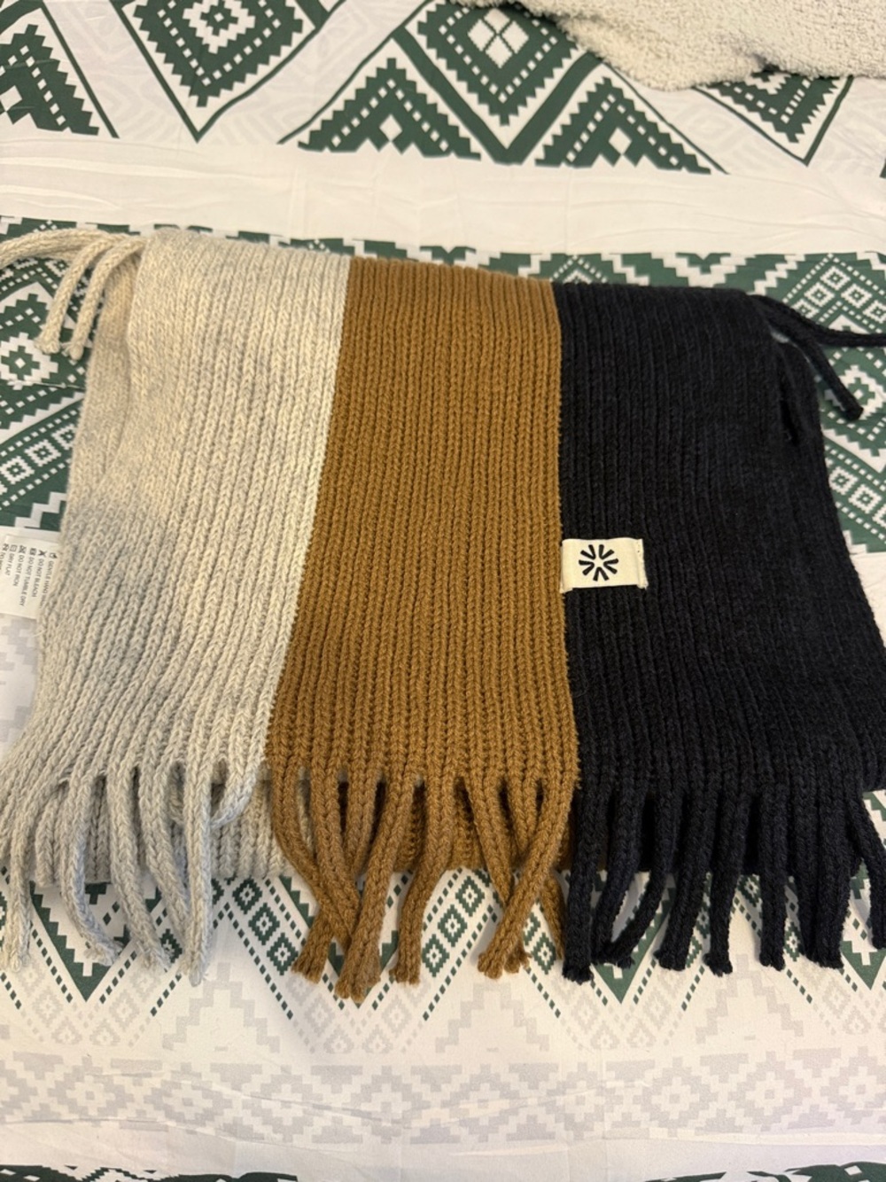 Three-Tone Fringe Knit Scarf in Cream, Mustard & Black